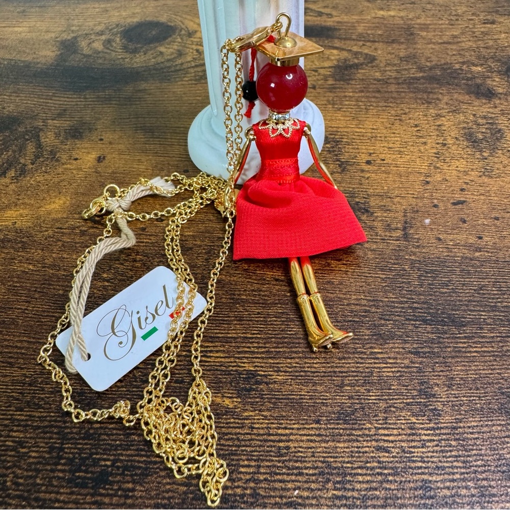 Gisel Laureata Doll Necklace Red Gown Graduation Cap Handmade Milan Italy New
